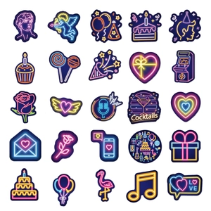 Detailed grid of 25 neon style waterproof stickers featuring diverse creative designs