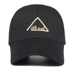 Black baseball cap with gold triangle Break embroidery on a plain white background