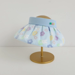 Detail of light blue sun hat brim featuring floral bunny patterns and MISS 3D emblem