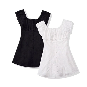Mini Dress Polyester Floral Embroidery Jacquard Square Neck Ruffle Puff Sleeve Single Breasted Retro Style Women
