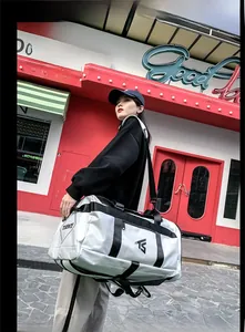 Detailed street view of a large white multi-functional travel bag with black straps