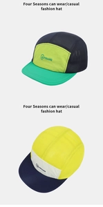 Detail of breathable mesh panels and color-block stitching on five-panel sports caps