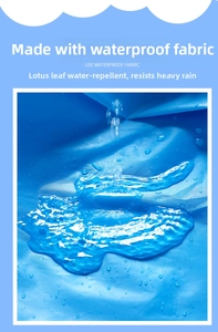Detail of blue EVA waterproof fabric showing water droplets bead on the surface