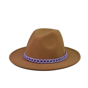 Wide Brim Fedora Hat Woolen Felt With Purple Chain Decoration Retro Fashion Jazz Hat For Adults And Kids