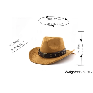 Guide des tailles détaillé pour chapeau de cowboy en daim marron avec bandeau de taureau