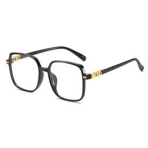 Fashionable black square oversized glasses frames with gold chain metal temple details