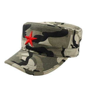 Classic jungle camouflage cadet cap with red star embroidery on a white background