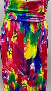 Detail of abstract colorful floral print and waist design on long sleeveless summer dress