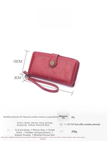 Long leather wallet detail showing multiple card slots, zipper compartment and elegant hollow design.