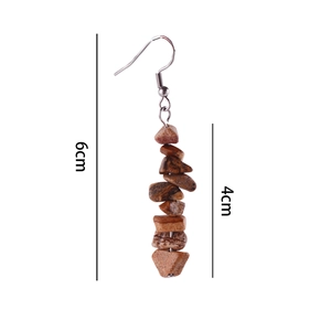 Detailed view of 6cm natural brown stone drop earrings with dimensions on white backdrop