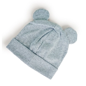 Close-up of heather grey knitted baby hat with cute round bear ears and ribbed cuff