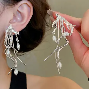 Irregular Branch Dangle Earrings With Imitation Artificial Pearl And Silver Earring Post Liquid Metal Style Artistic For Women