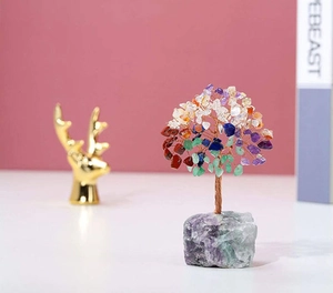 Detailed shot of multi-color crystal tree with copper wire on a natural fluorite base