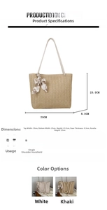 Détails des dimensions et poignée en foulard du sac cabas en paille tressée