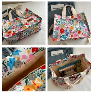 Detail view of floral canvas tote bag showing magnetic closure and interior storage