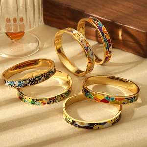 Colorful Enamel Geometric Pattern Bangle Bracelet Gold Plated Stainless Steel Artistic Abstract Jewelry For Women
