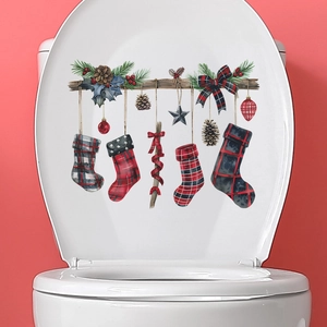 Christmas stocking wall stickers for toilet lid decoration with pine cones and festive bow