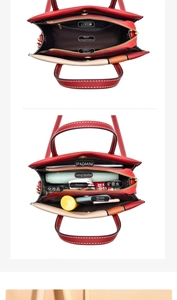 Detailed interior of red leather handbag showing compartments and large storage capacity