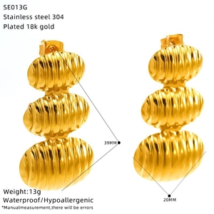 Detail view of 18k gold plated stainless steel textured earrings with size measurements