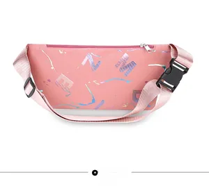 Rear view of a pink oxford fanny pack featuring a woven strap and black buckle closure