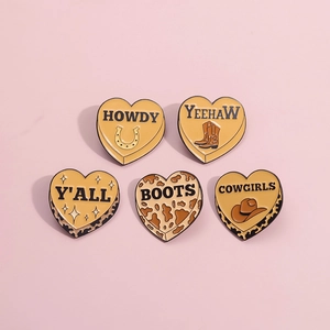 Set of 5 heart-shaped Western cowboy enamel pins with cow print and horseshoe patterns