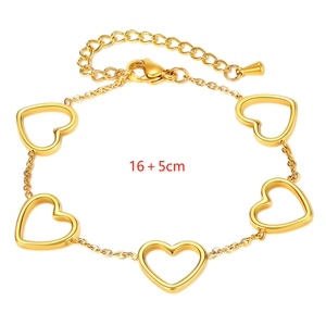 Detail view of a gold hollow heart link bracelet showing 16+5cm size measurement