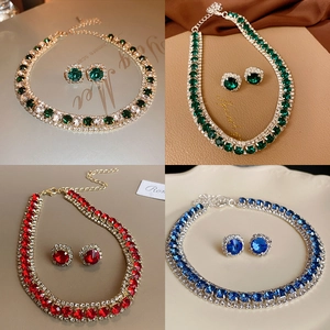 Copper Zircon Rhinestone Necklace And Earrings With Silver Earring Post Elegant Banquet Wedding Party Jewelry Accessory