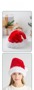 Detailed view of plush red Christmas hat with LED lights and white faux fur trim