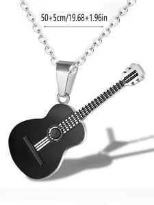 Detailed shot of black guitar pendant necklace with 50+5cm length dimension guide
