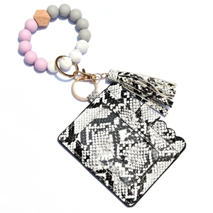 Silicone bead keychain bracelet with pink marble beads and snakeskin pattern card holder