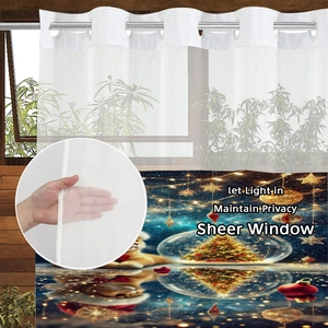 Sheer Christmas shower curtain detail showing metal grommets and semi-transparent fabric