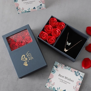Gray window jewelry box with six soap roses and golden butterfly necklace gift set