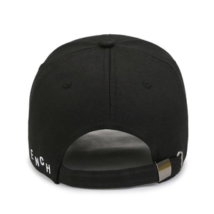 Black cotton baseball cap with ENCH side embroidery and adjustable silver buckle back