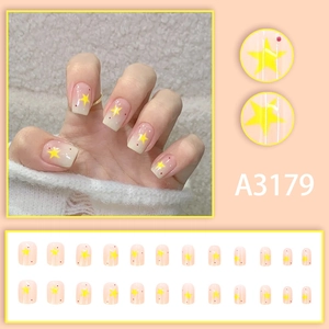 Sweet yellow gradient press-on nails with stars and dots pattern, 24 piece full set