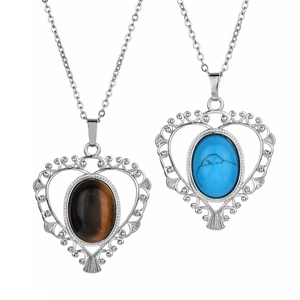 Vintage Copper Heart Pendant Necklace Natural Tiger Eye Turquoise Amethyst Hollow Filigree Sweater Chain Jewelry For Women