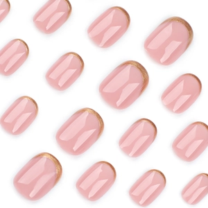 Short square pink press-on nails with minimalist gold French tips, 15 pieces set