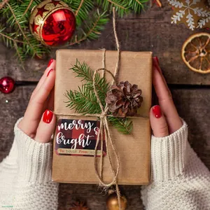 Détail d'un coffret cadeau de Noël en kraft avec pommes de pin et étiquette rouge festive