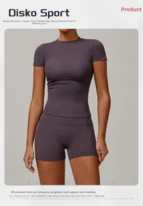 Detail of purple brushed yoga set showing slim fit short sleeve tee and high waist shorts