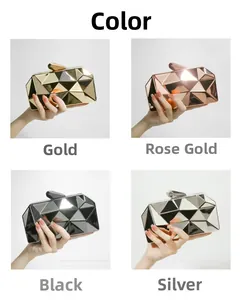 Collage of metallic geometric clutch bags in gold, rose gold, black, and silver finishes