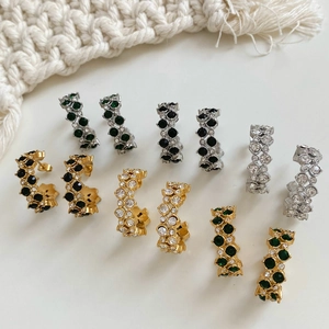 Luxurious stainless steel C-shaped earrings with rows of inlaid zircons in gold and silver