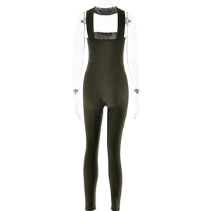Close-up of the back hollow-out design on a sexy military green sleeveless bodysuit