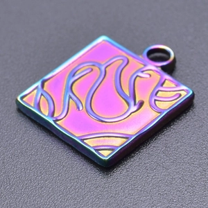 Close-up of square iridescent stainless steel pendant with LOVE engraving and 18k plating