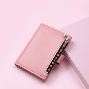 Portacarte rosa da donna in finta pelle con pratica tasca frontale dotata di cerniera