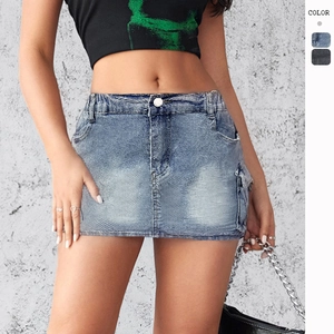 Damen Denim Cargo Minirock Hohe Taille Slim Fit Waschbar Retro Taschen Streetwear Bodycon Sommer Casual Mode