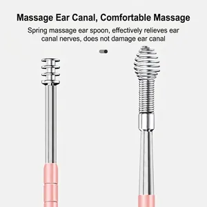 6-piece stainless steel earwax removal tool set with pink handles and spiral massage head