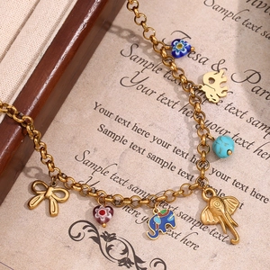 Elephant Pendant Necklace Stainless Steel 18K Gold Plated Enamel Heart Glass Beads Turquoise Bohemia Jewelry Women