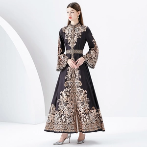 Elegant floral print maxi dress with standing collar and long flared sleeves in black