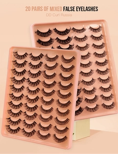 Detail of 20 pairs DD curl Russian lashes in professional pink multi-pack display