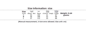 Size chart for women's two-tone wool jacket with shoulder and bust measurements in centimeters