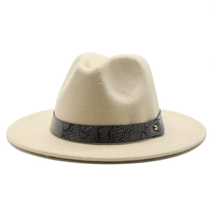 Beige wool felt fedora hat featuring a stylish snakeskin band and gold metal stud detail